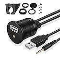TNP USB AUX Flush Mount Cable, Dashboard Panel Dash Mount USB + 3.5mm AUX 1/8" Audio Jack Port Socket Plug Water Resistant Connector Extension Wire