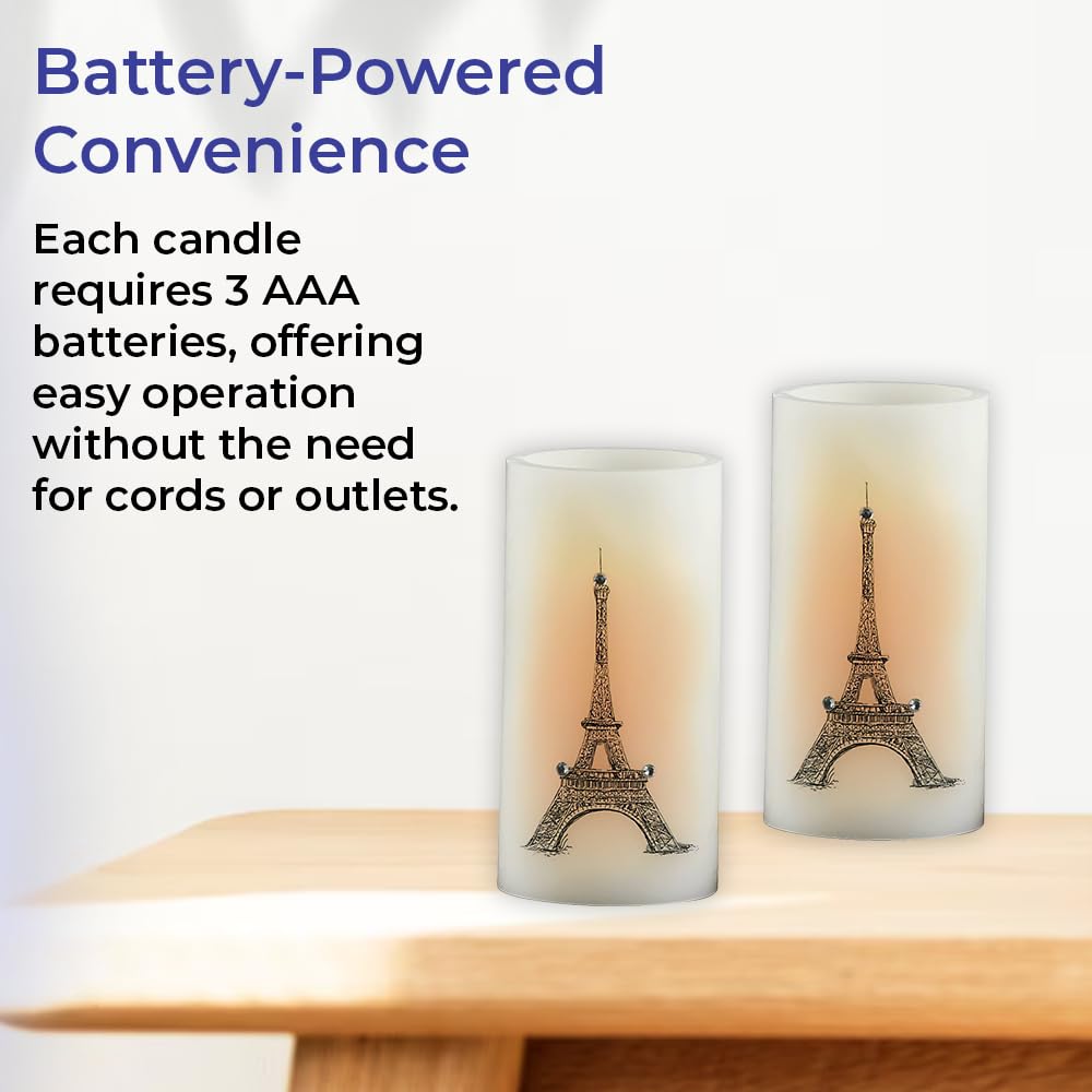 SAGEFINDS Eiffel Tower LED Candles, Set of 2, Flameless Real Wax Pillar Candles, Battery Operated, 6” x 3”