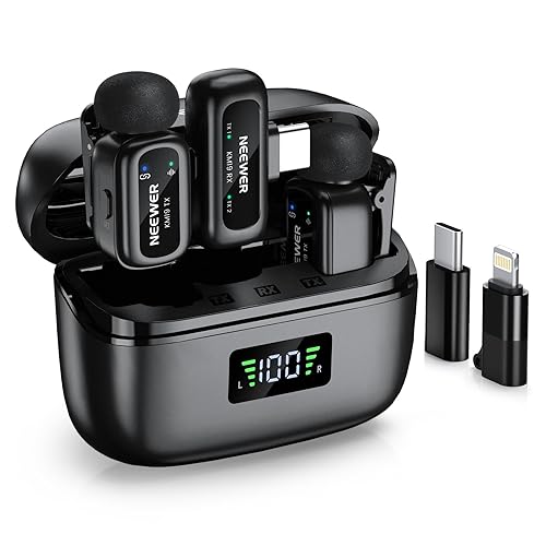 NEEWER KM19 Lightweight Wireless Lapel Microphone, 48kHz/24bit 30H Battery 3-Level Noise Cancelling Mute Stereo 100m Range Mini Lav Mic with App