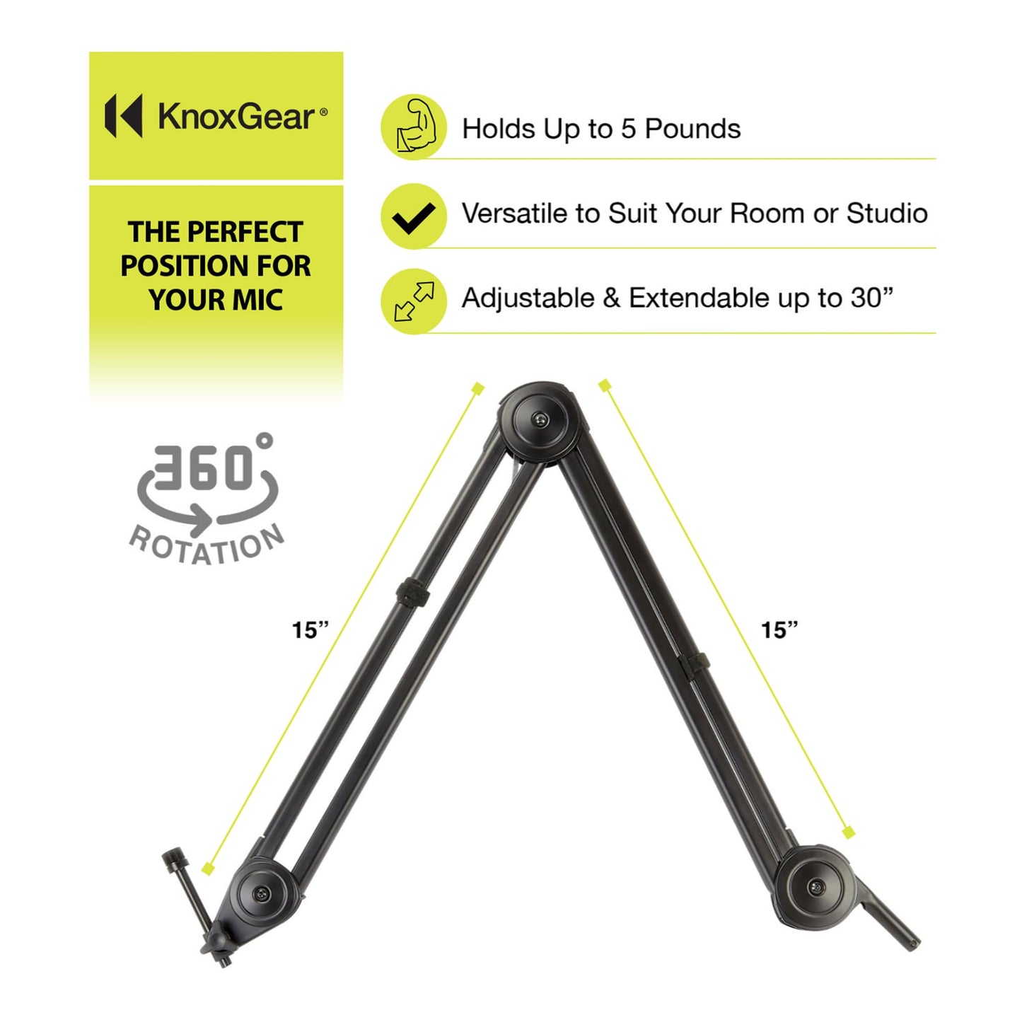 Knox Gear Professional Microphone Stand for Yeti and Snowball Microphones (Black, Steel, Basic/Functional, 5/8-inch Thread, Up to 5 lbs, 30-inch Arm)