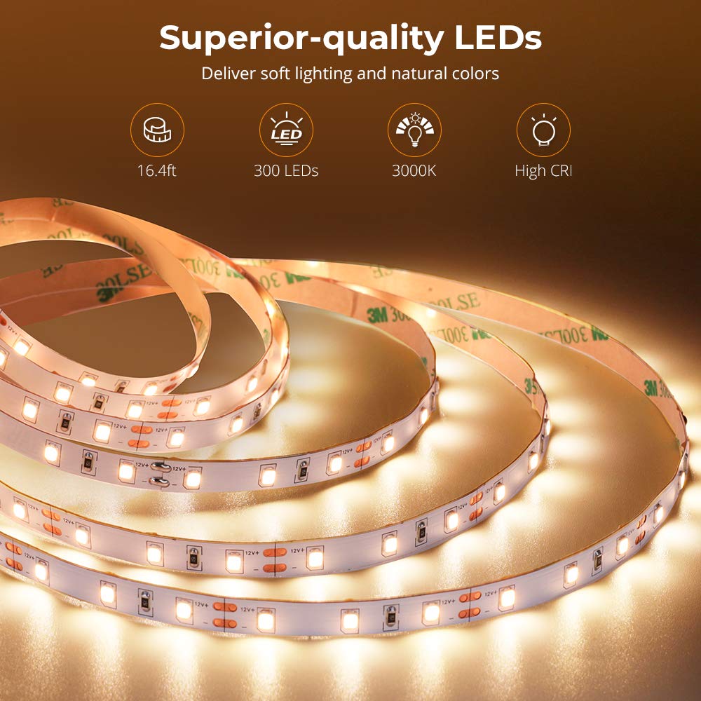 Govee Warm White LED Strip Lights, Bright 300 LEDs, 3000K Dimmable Light Strip 16.4ft with Control Box, LED Lights for Bedroom, Kitchen Cabinets