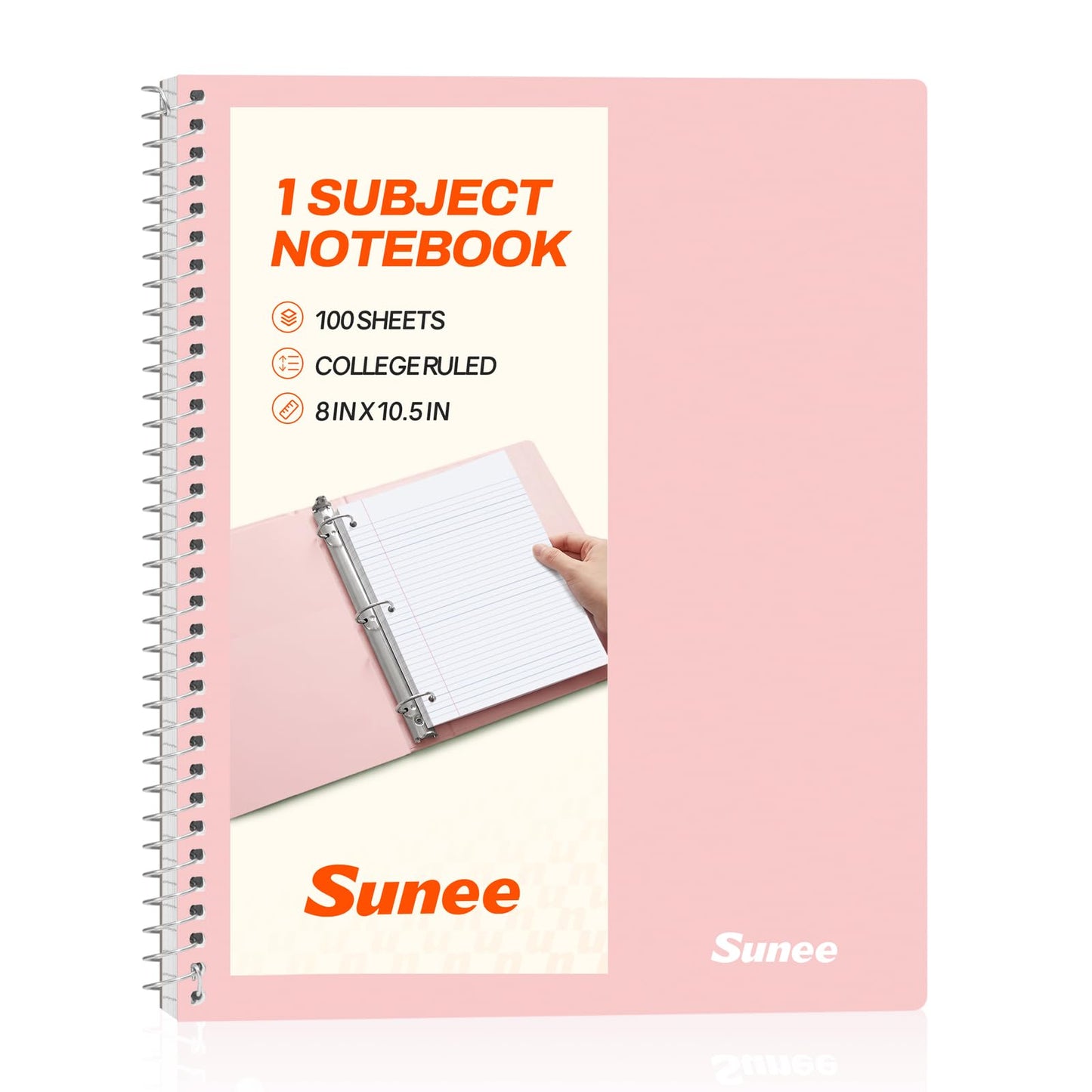 SUNEE Spiral Notebook, 1-Subject, College Ruled Paper, 8" x 10-1/2", 100 Sheets per Notebook, 3-Hole Punched Paper, Water Resistant Cover