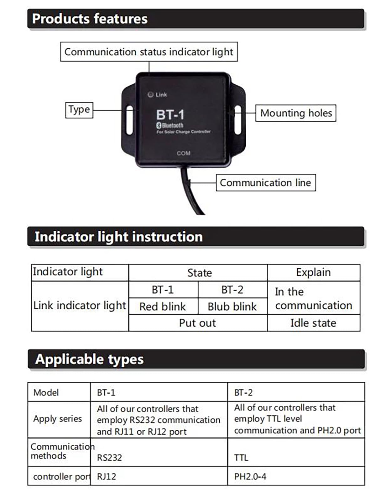 SRNE BT-2 Bluetooth Adapter Extend Communication Module Adapter for Solar Charger Controller SRNE MC Series