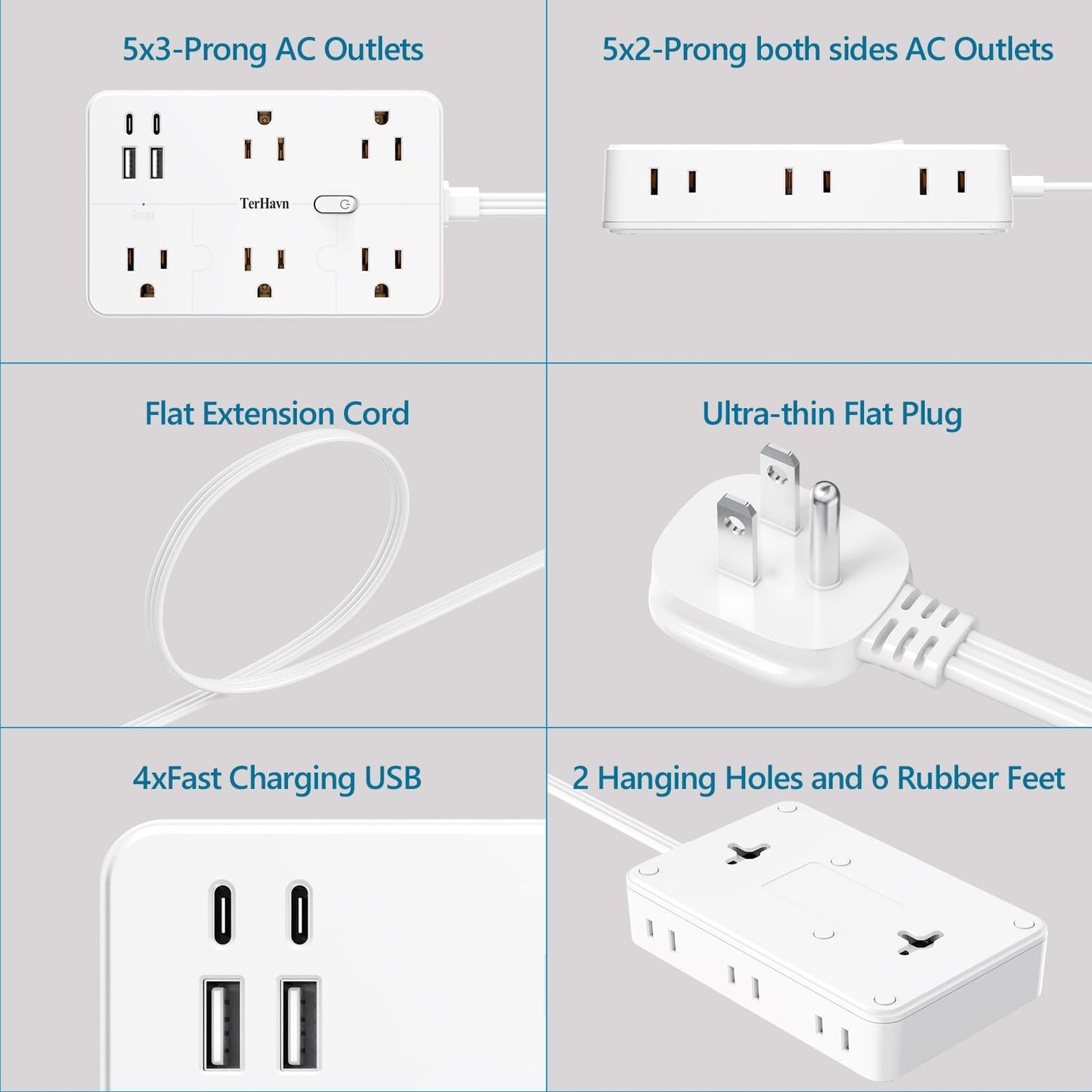 Surge Protector Power Strip 1 FT Flat Extension Cord ?10 AC Outlets & 4 USB Ports(5V/3.4A 17W), 1080J ?Wall Mountable Desktop Charging Station