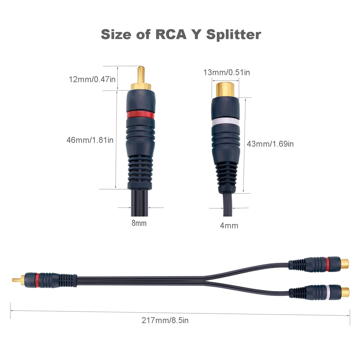 Borsuer RCA Splitter, 2 Pcs RCA 1 Male to 2 Female Audio Cord Speaker Y Adapter Splitter Cable, 8.5 Inches Gold Plated Dual Female Adapter