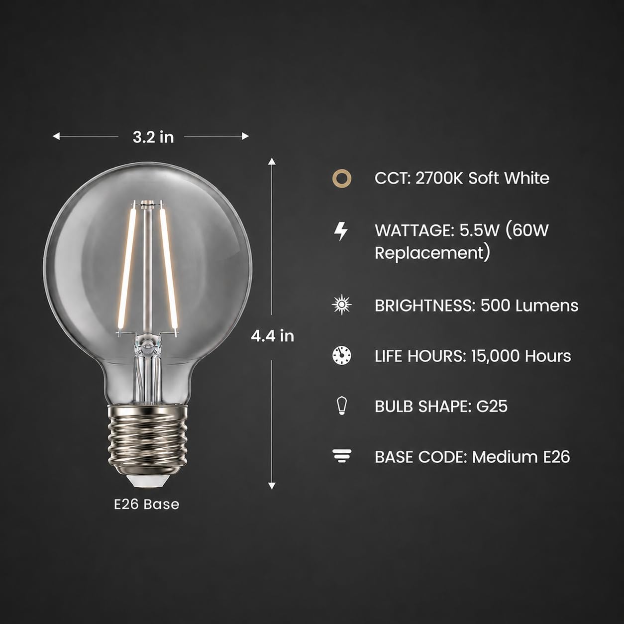 Feit Electric G25 White Filament LED Bulb, 60W Eq, Soft White, 3 Pack