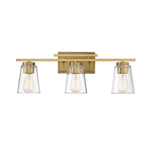 Savoy Essentials 8-1020-3-322 Calhoun Modern Clear Glass Bathroom Vanity Wall Light, 3-Light 180 Total Watts, 9" H x 24" W, Warm Brass