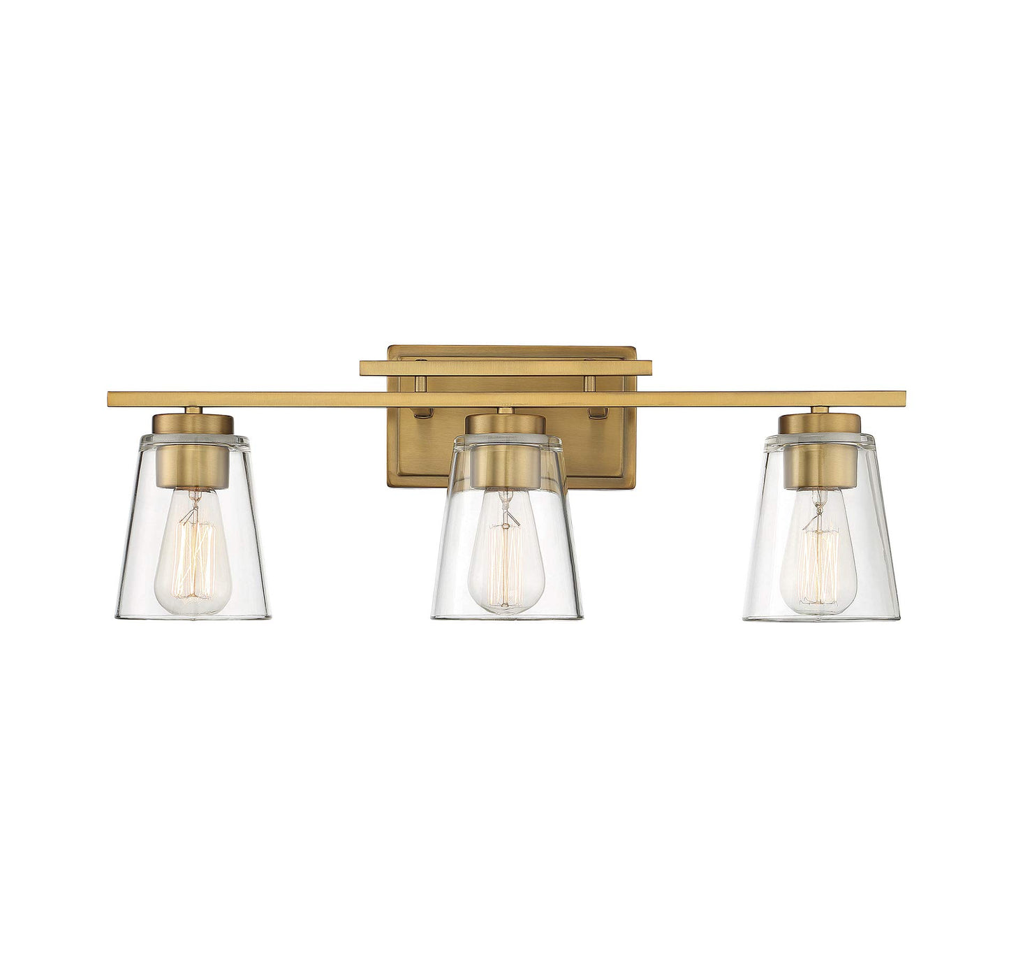 Savoy Essentials 8-1020-3-322 Calhoun Modern Clear Glass Bathroom Vanity Wall Light, 3-Light 180 Total Watts, 9" H x 24" W, Warm Brass