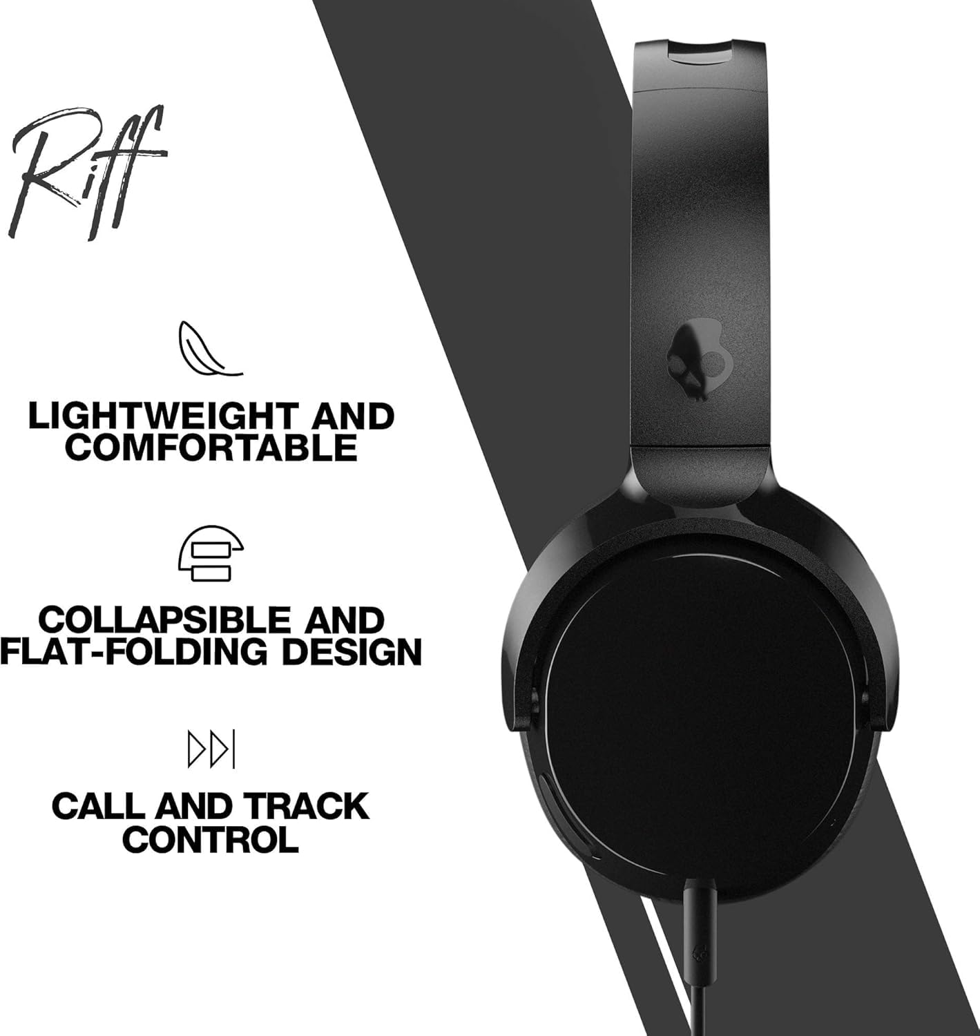 Skullcandy Riff Wired On-Ear Headphones - Black, Lightweight Design, Supreme Sound, Built-in Microphone, Music & Call Controls, Tangle-Free Cable…