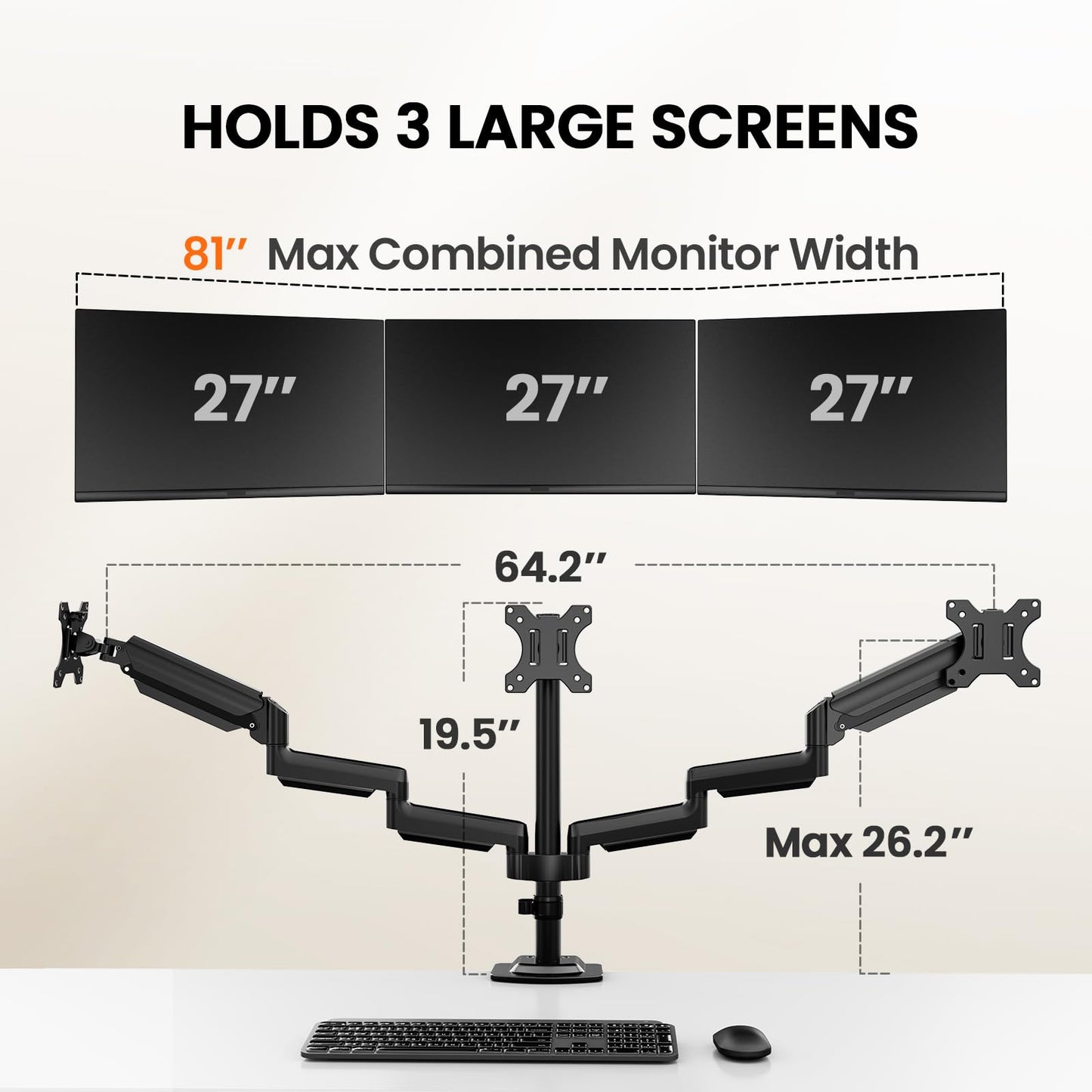 ErGear Triple Monitor Mount for 13-27 inch Screens, Premium Aluminum Triple Monitors Stand up to 17.6 lbs, Sturdy 3 Monitor Desk Mount with Swivel