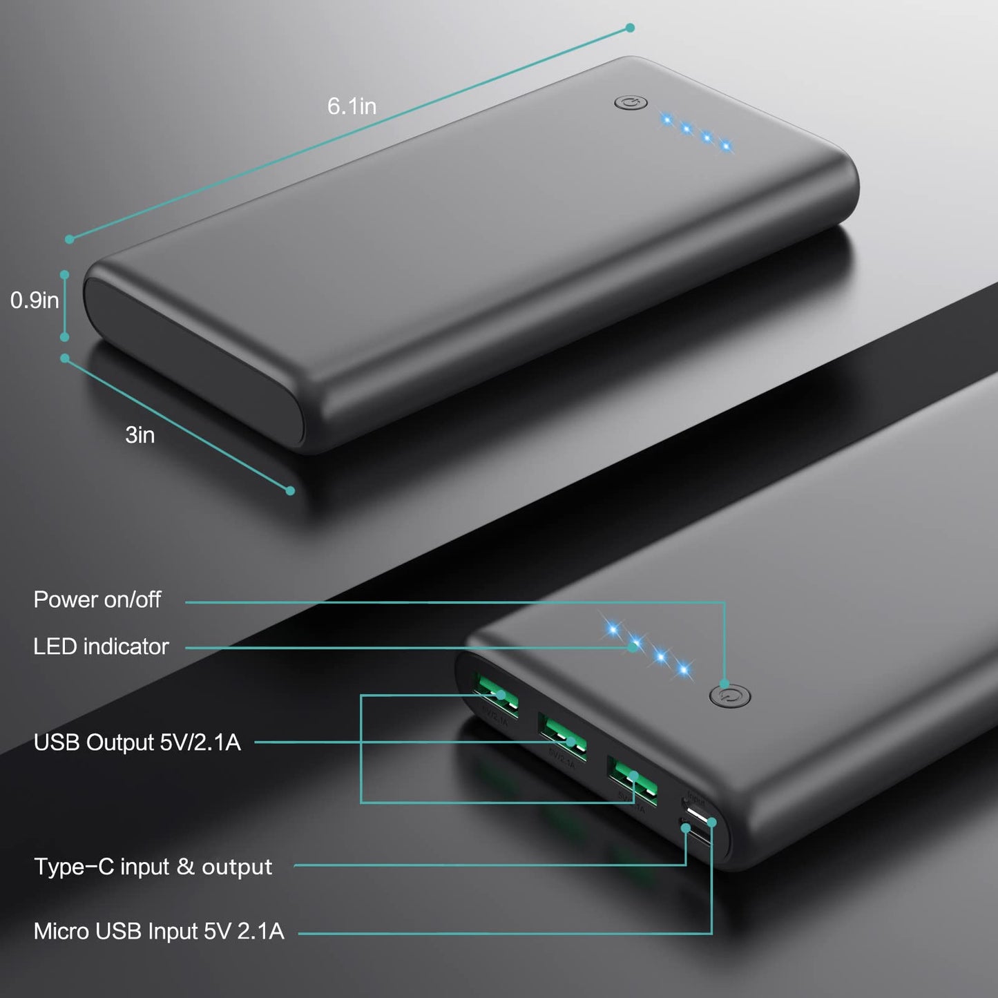 Feob Portable Charger 13800mah for iPhone with Built-in Cables & AC Wall Plug,6-in-1 USB C Power Bank with iWatch Charger,25W PD Fast Charging Battery