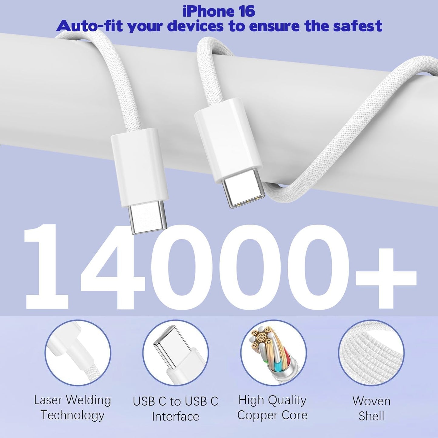 iPhone 17/16 Fast Charger Block,2 Pack 60W USB Charging Block 5-Port Charge Adapter for Apple iPhone Charger with 6FT USB C Woven Fast Charging Cable