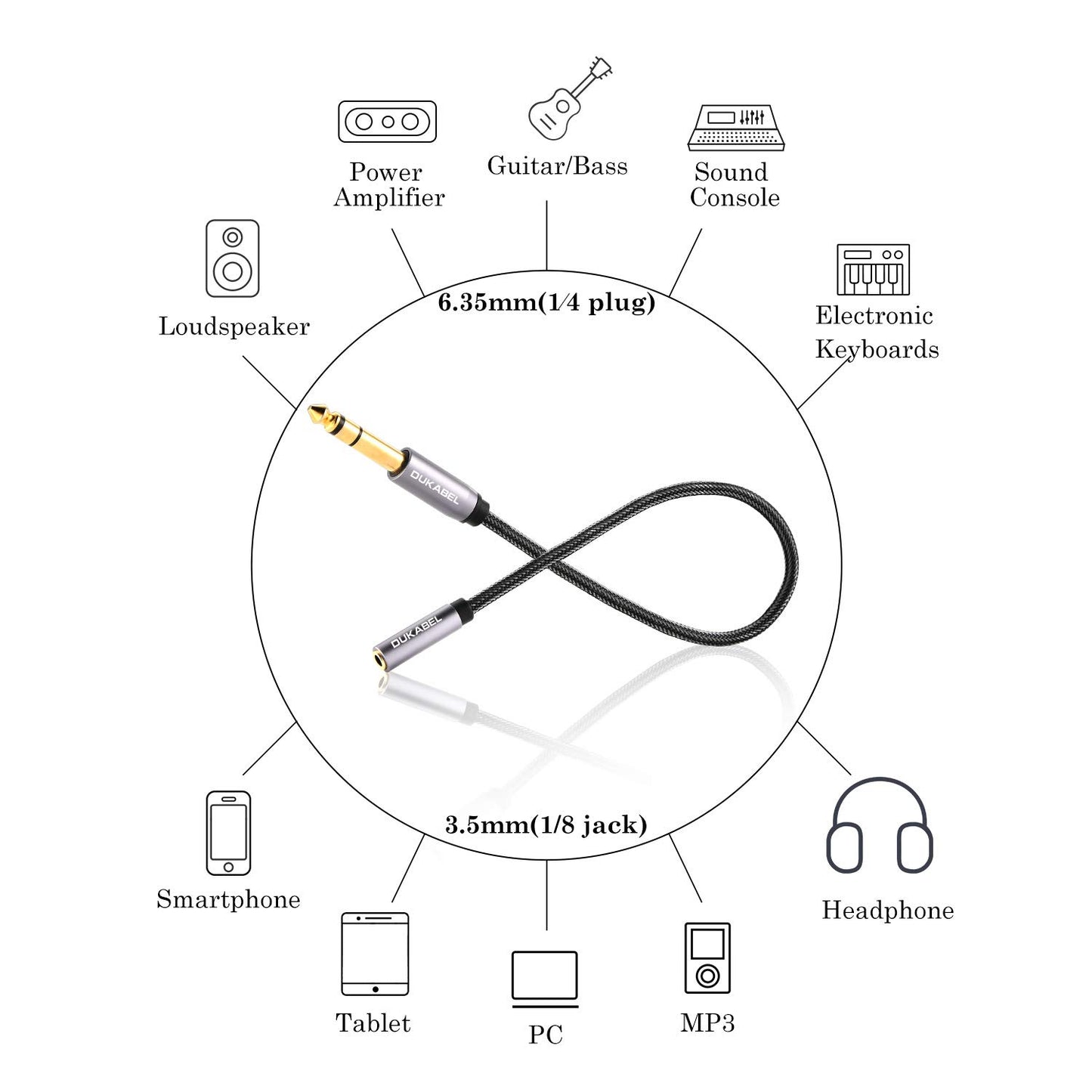 DUKABEL TopSeries 6.35mm (1/4 inch) to 3.5mm (1/8 inch) Headphone Jack Adapter, 1/8 (Female) to 1/4 (Male) Extension Cable, 3.5 to 6.35 Audio Cable