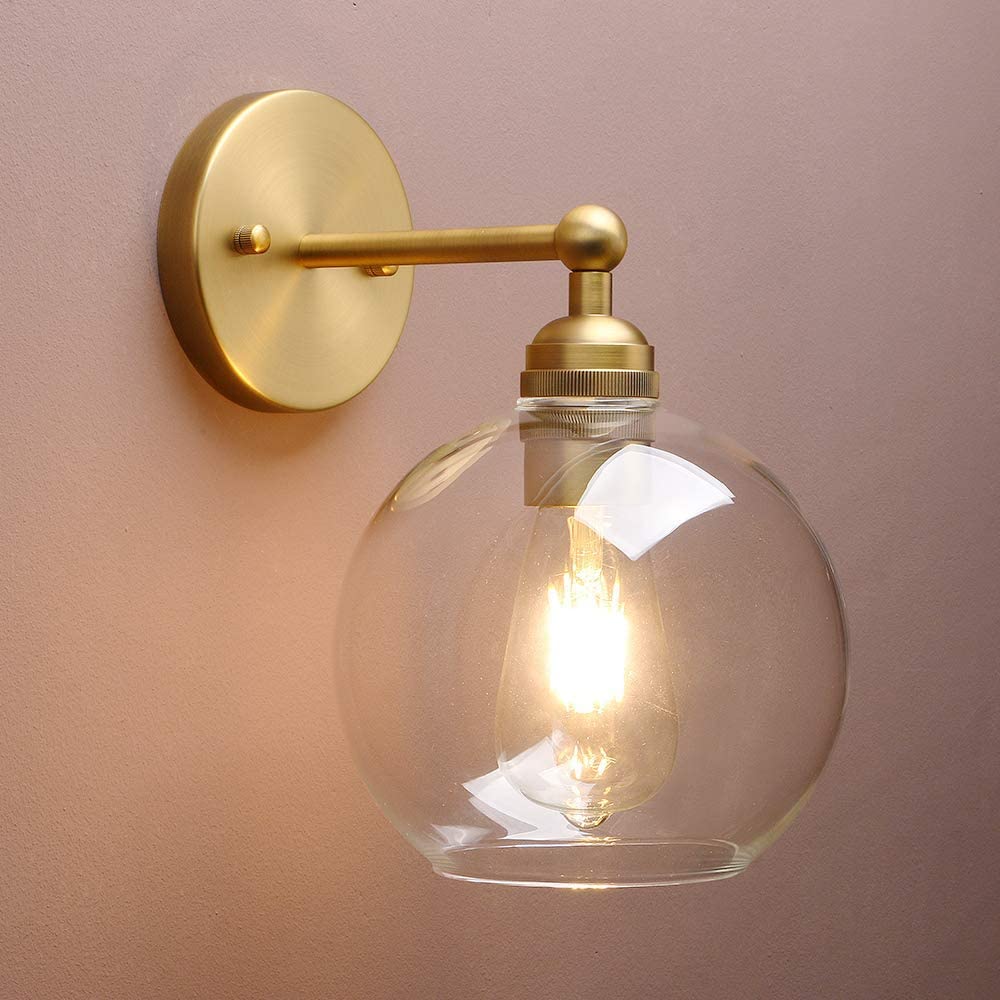 Yosoan Brass Boho Vanity Vintage Gold Bathroom Wall Sconce, Indoor Hardwired Wall Mounted Industrial Fixture Lights with Double Hole Round Glass Lamp