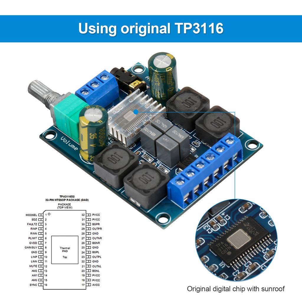 2Pcs Digital Amplifier Board,TPA3116D2 Dual Channel Audio Stereo AMP High Power Digital Subwoofer Power Amplifier Board 2x50W 5V 12V 24V for Store