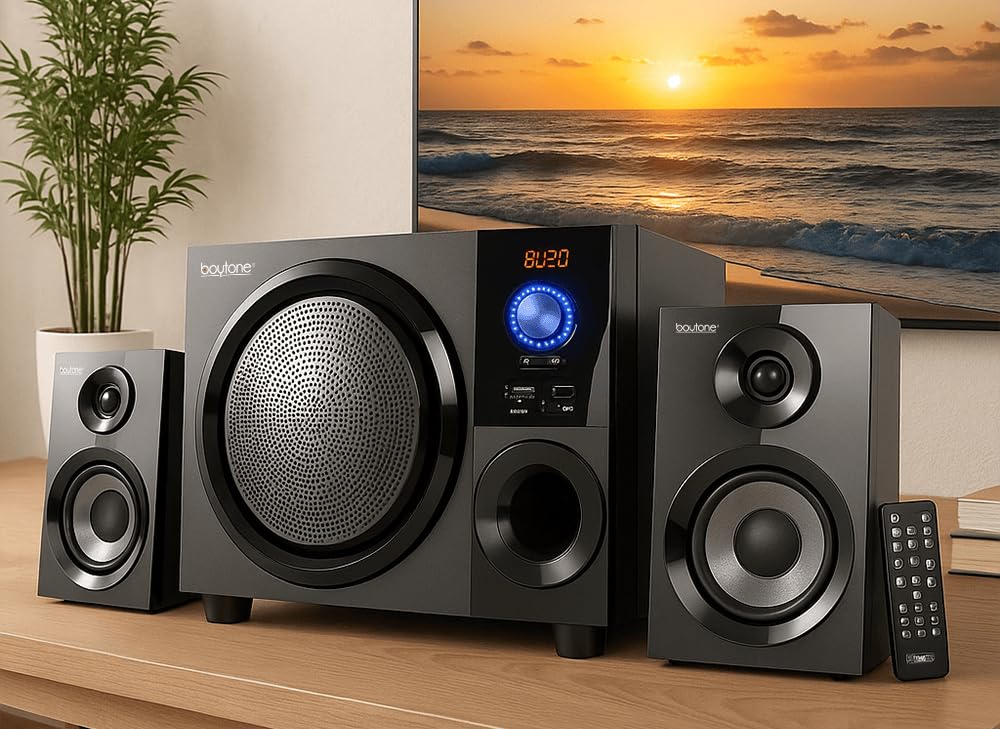Boytone 60W Wireless Bluetooth Speaker with Powerful Bass, FM Radio, Remote Control - For Phone, Laptop, Aux-in, USB/SD