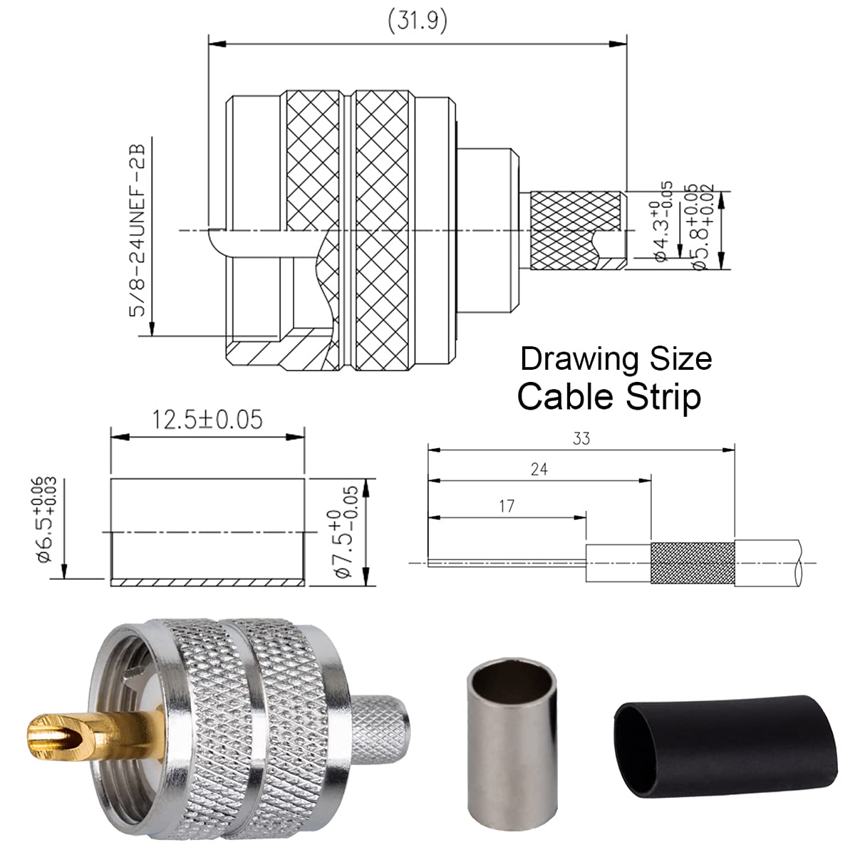 RFIOTASY Pack of 5 UHF PL-259 PL259 Male Crimp Connector Adapter Connector for RG8X, LMR240 Cable Compatiable with Ham Radio