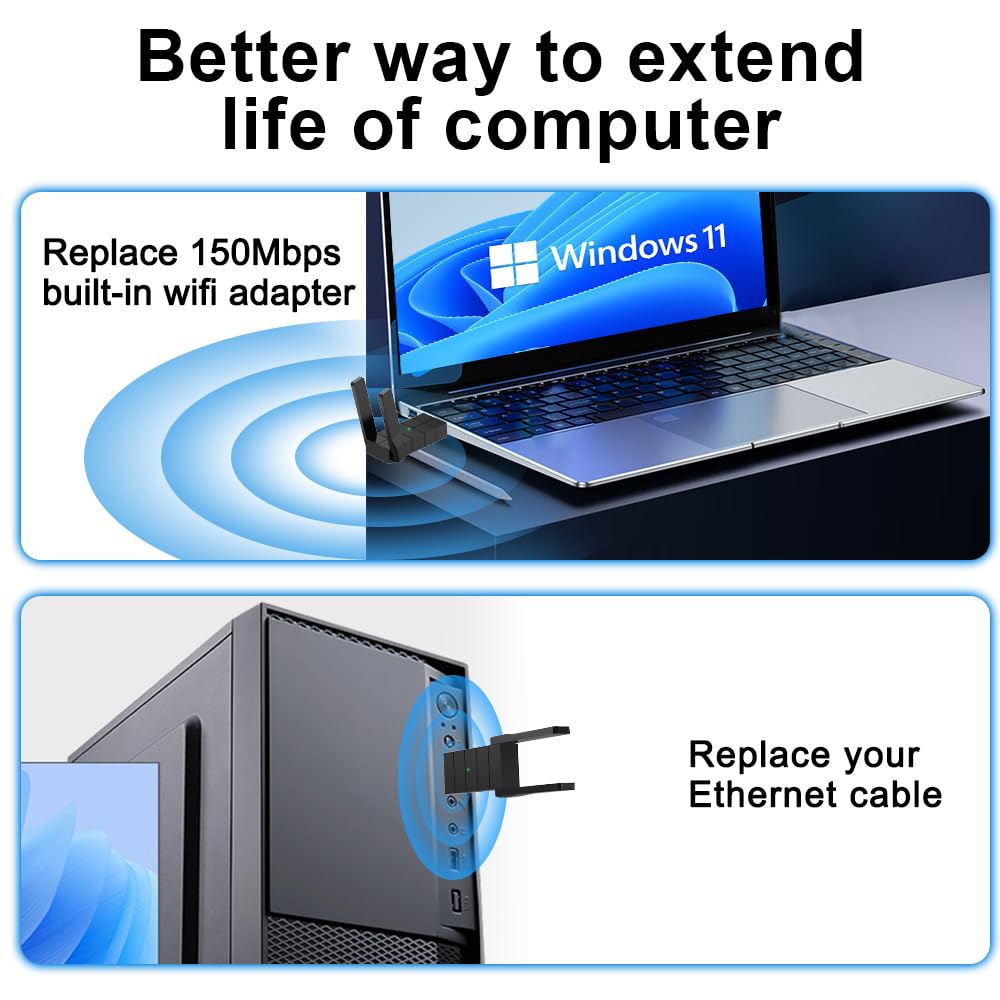 WiFi Adapter for Desktop PC, Wireless Adapter Wide-Coverage Dual Band 2.4GHz 400Mbps and 5GHz 867Mbps, USB 2.0, Dual High Gain Antenna, Supports