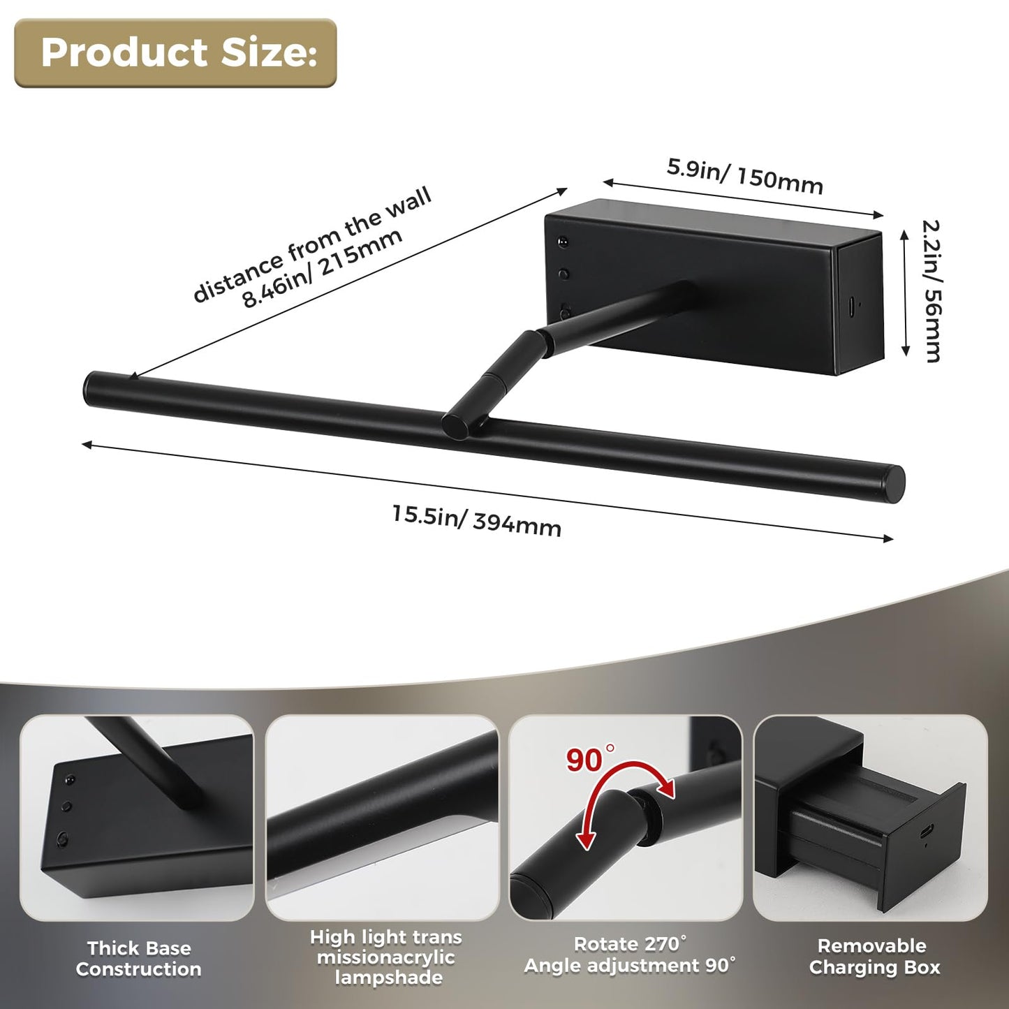 JOOSENLUX Battery Operated Picture Light Black 16-inch Wireless Art Display Light 3CCT Dimmable with Adjustable Arm Wall Light for Artwork Display