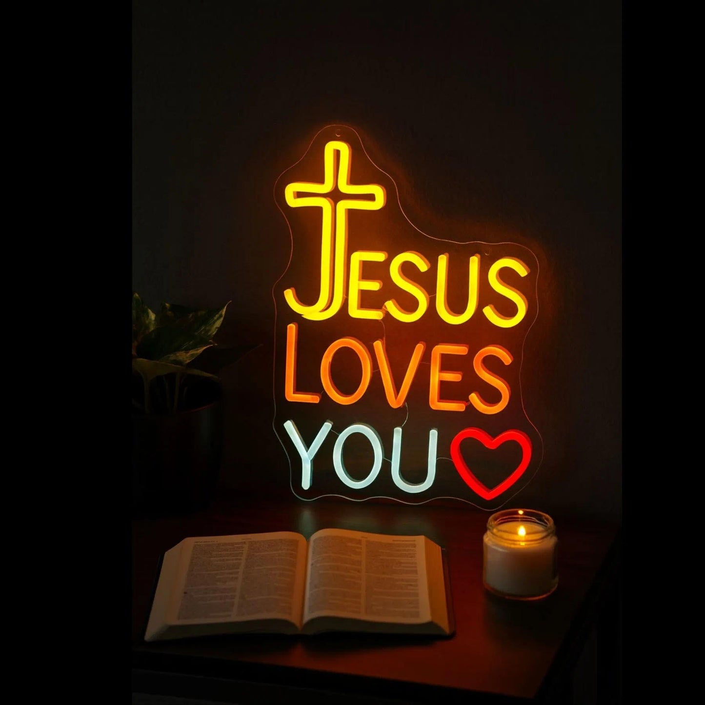 Jesus Loves You Neon Sign with Cross and Heart - LED Light Up Wall Decor for Home, Church, Wedding, Youth Room, Party Decorations