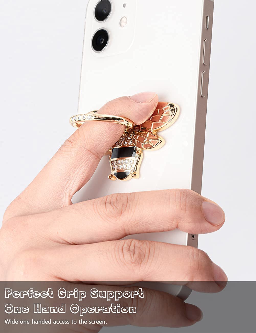 Allengel Bee Phone Ring Holder Finger Kickstand with Crystal, Cute Phone Ring Grip Holder for iPhone or Smartphone Cases, Gold Black