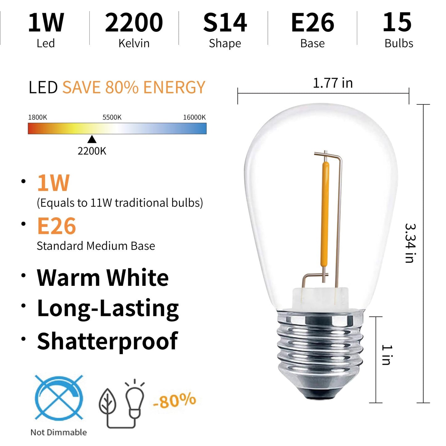 ECOVANIA S14 Outdoor String Lights Bulbs, Shatterproof & Waterproof 1Watt LED Edison Light Bulbs 11W Equivalent, 2200K Warm White, E26 Medium
