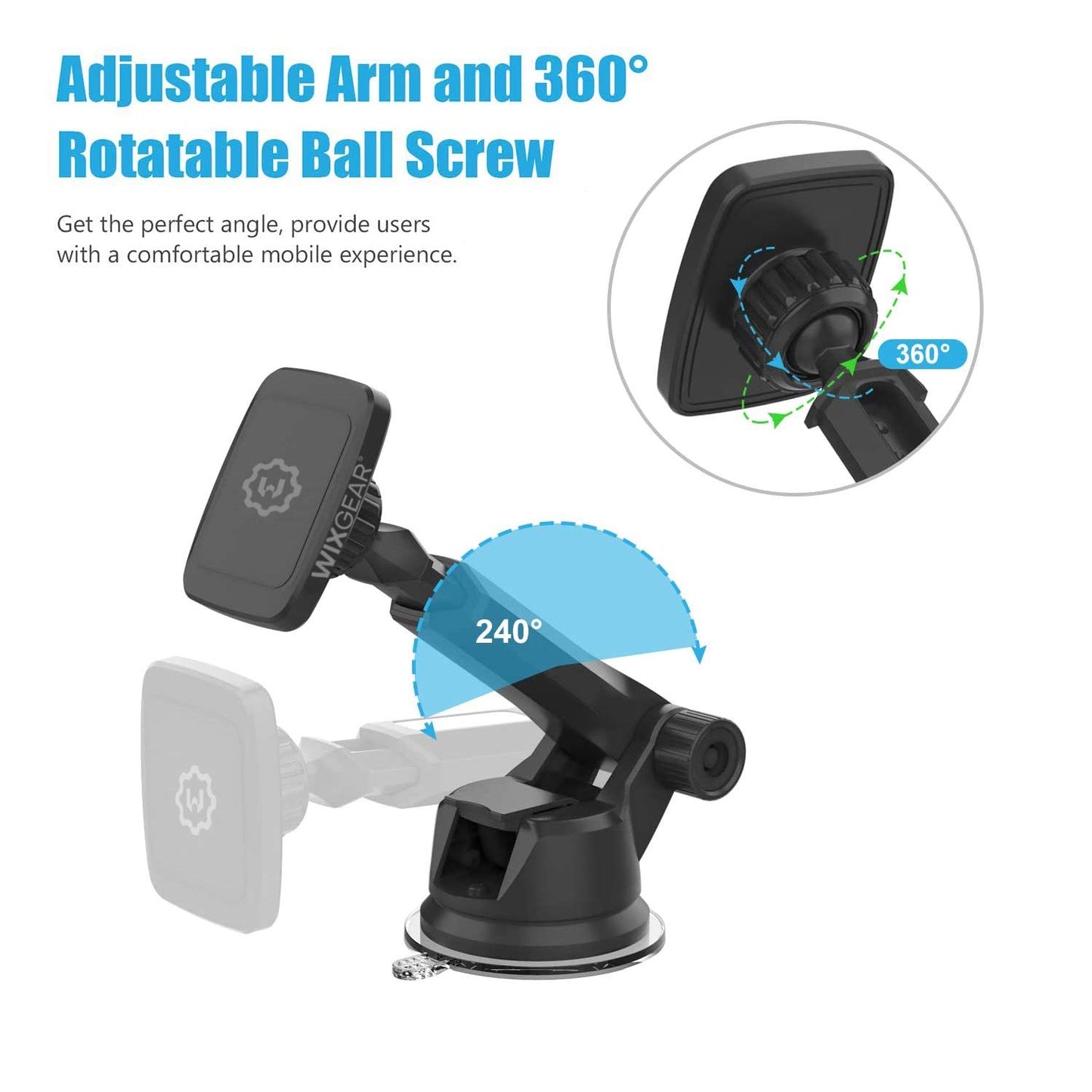 WixGear Universal Magnetic Car Mount Holder, Windshield Mount and Dashboard Mount Holder for Cell Phones and Tablets with Long Arm - (New Version