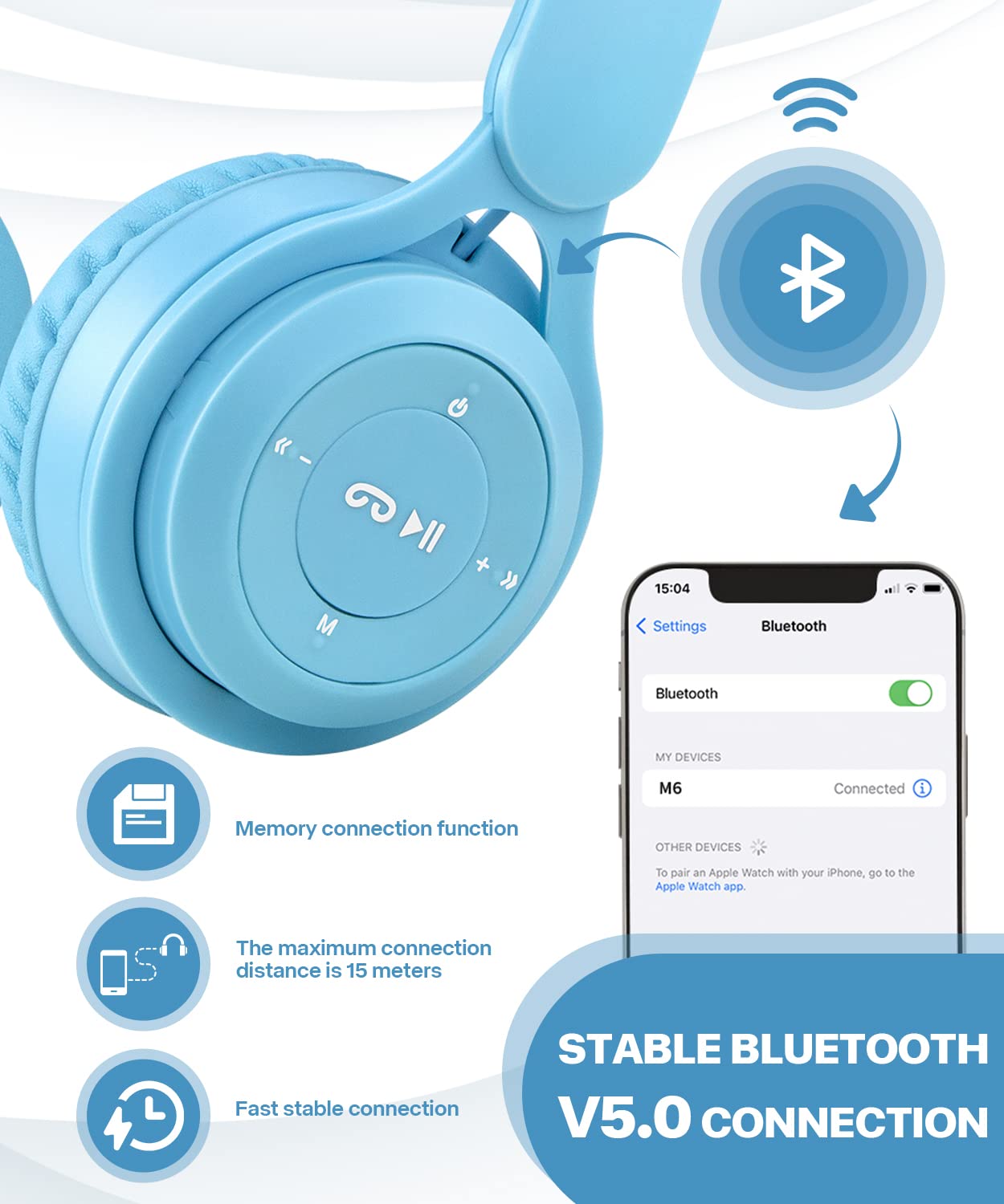 clelize Kids Bluetooth Headphones, On Ear Wireless Headsets for Children with Built-in Microphone, Foldable Stereo Detachable Aux 3.5mm Cord, Kids