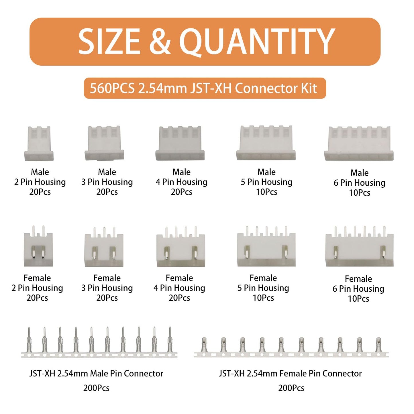 Didamx 560Pcs 2.54mm JST-XHP 2/3/4/5/6 Pin housing and Male/Female Pin Head Connector Adapter Plug Set