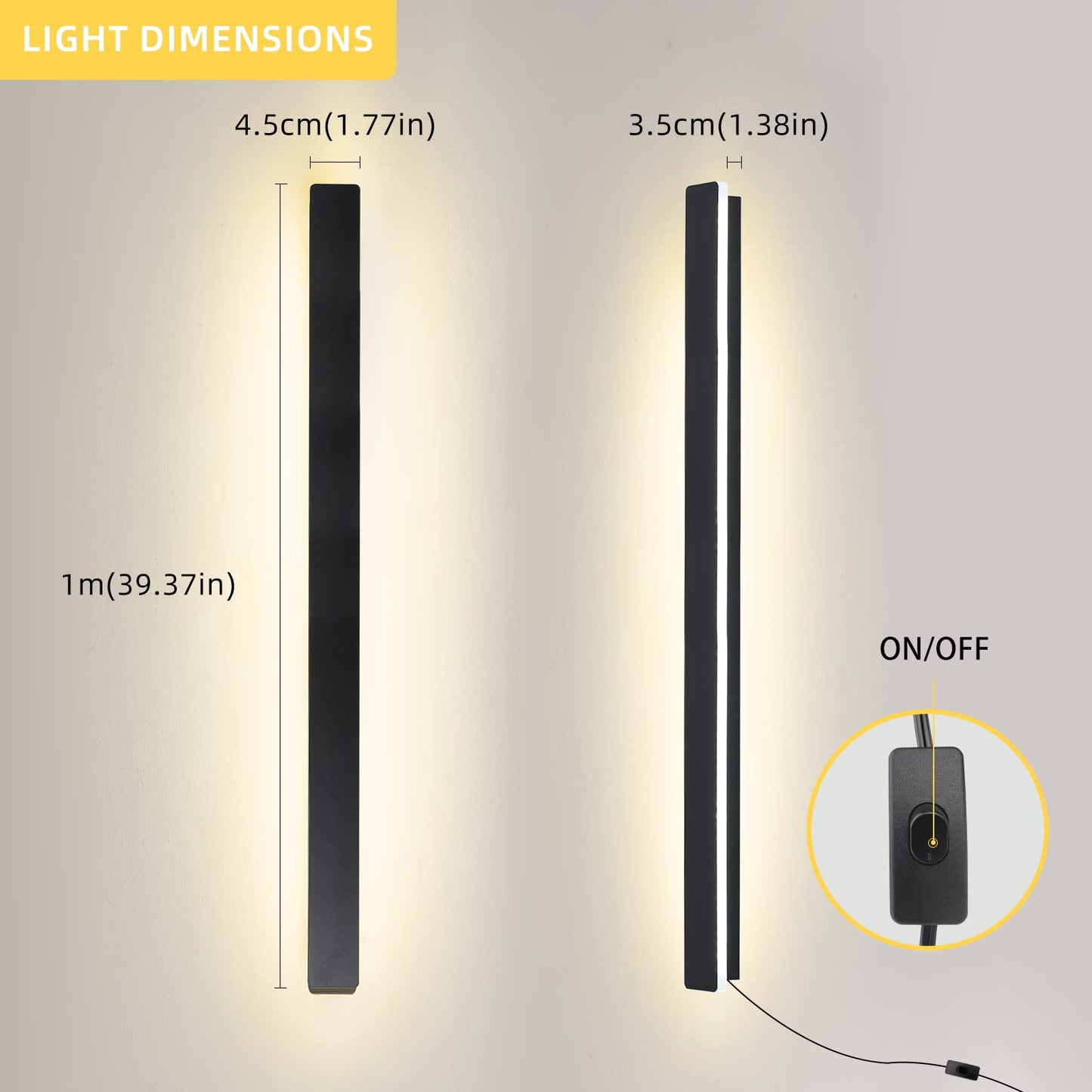 KELUOLY Modern Plug in Long Wall Sconce, 39" Black Matte LED Wall Lights, 20W Warm White 3000K Acrylic Indoor Wall lamp, with 59" Plug Cable