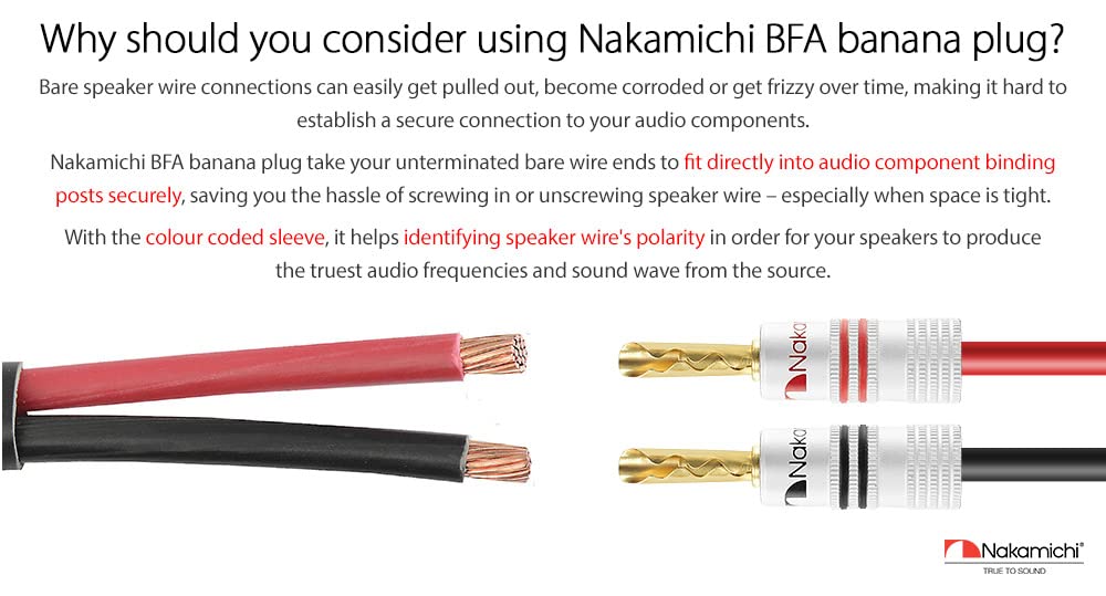 Nakamichi Excel Series 24k Gold Plated BFA Banana Plug 12-18 AWG Gauge Size 4mm for Speakers Amplifier Hi-Fi AV Stereo Home Theatre Audio Wire Cable
