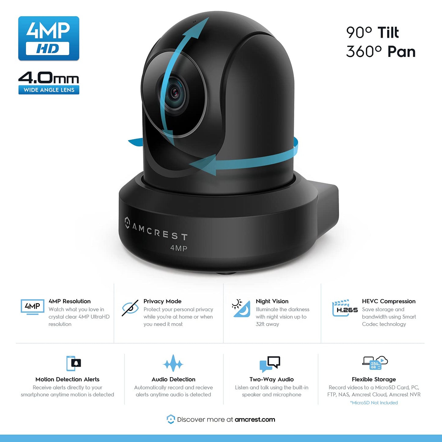 Amcrest 4MP ProHD Indoor WiFi Camera, Security IP Camera with Pan/Tilt, Two-Way Audio, Night Vision, Remote Viewing, 2.4ghz, 4-Megapixel @30FPS, Wide