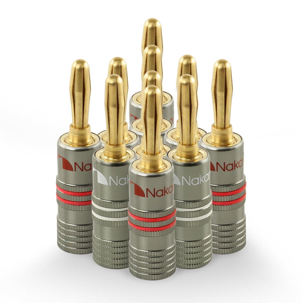Nakamichi Ultimate Series 24K Gold Plated Beryllium Red Copper Banana Plug 12-18 AWG Gauge Size 4mm Connector for Speakers Wire Amplifiers Hi-Fi Sound