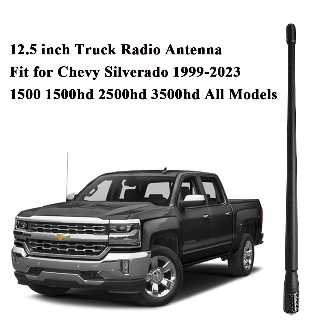 Truck Radio Antenna Fit for Chevy Silverado (1999-2024) & for GMC Sierra/Denali (1999-2024) | Optimized AM/FM Radio Reception | 12.5" Flexible Durable