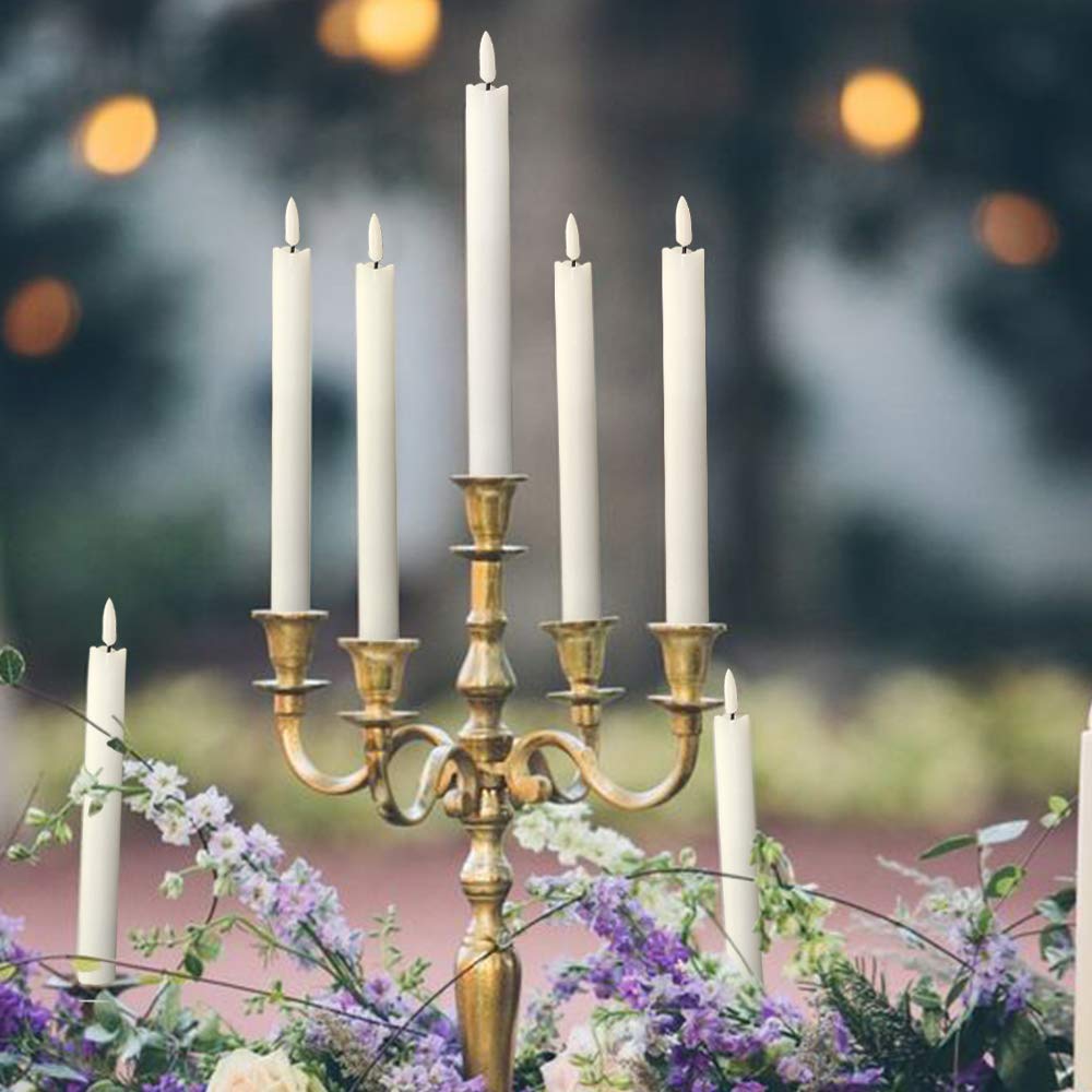 DRomance White Flameless Taper Candles Battery Operated with 6H Timer, Real Wax 3D Wick Flickering LED Taper Candles Dinner Wedding Holiday Decor(6