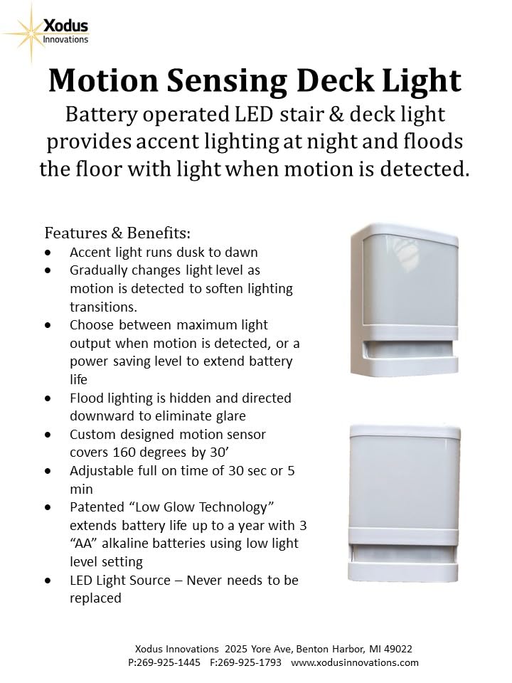 Xodus Innovations BL625-3 Motion Sensing Stair and Deck Light, LED, Battery Operated, Dusk to Dawn Sensor, 30 Seconds or 5 Minutes Brightness Setting