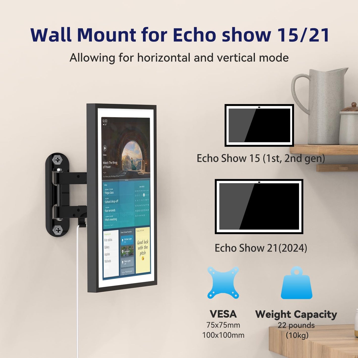 Mount for Echo Show 15 (1st, 2nd Gen) and Echo Show 21, Adjustable Echo Show 15 Wall Mount Bracket, Swivel Horizontal or Vertical, Extension Wall
