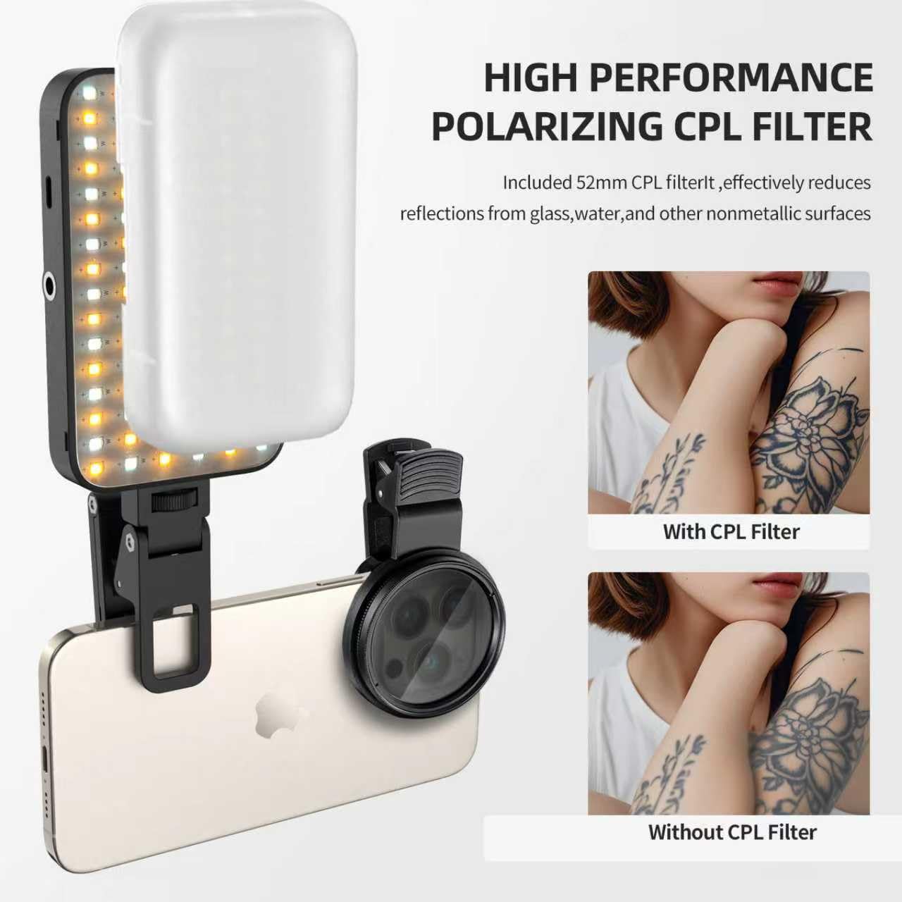 LED Selfie & Tattoo Light with 52MM CPL Filter Lens 360° Rotatable Clip Tattoo Equipment/Tripod Stand/Phone Holder,Fill Lighting Remove Reflection