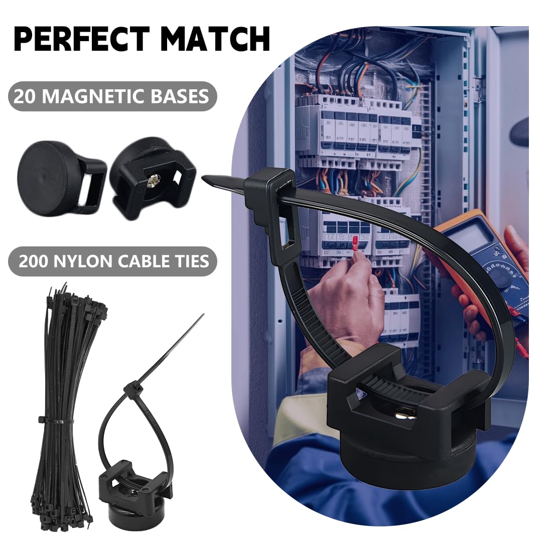 20PCS Magnetic Zip Tie Mount, Multipurpose Magnetic Cable Management Mount, 20 Mounts and 200 High Strength Nylon Cable Ties, Supplies for Organizing