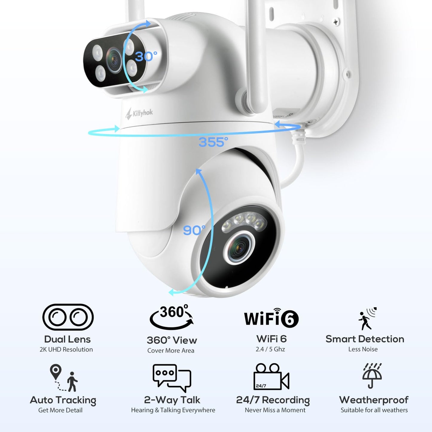 Home Security Camera System Wireless, Dual Lens 2K Security Cameras Wireless Outdoor with 2.4/5GHz WiFi, 360° PTZ, Auto Tracking, Motion Detection