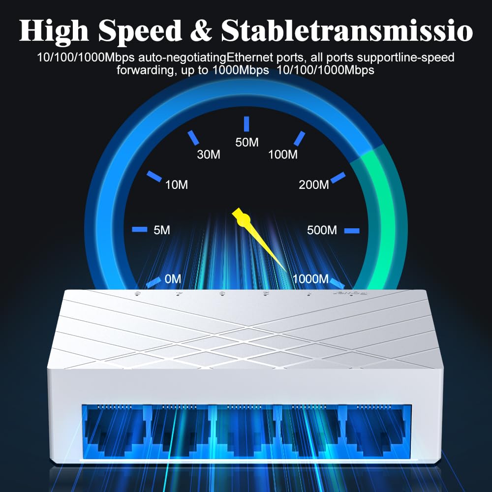 5 Port Gigabit Ethernet Switch Unmanaged - Desktop Network Switch with Plug & Play, Fanless Design for Home Office, Gaming, Streaming - Ethernet