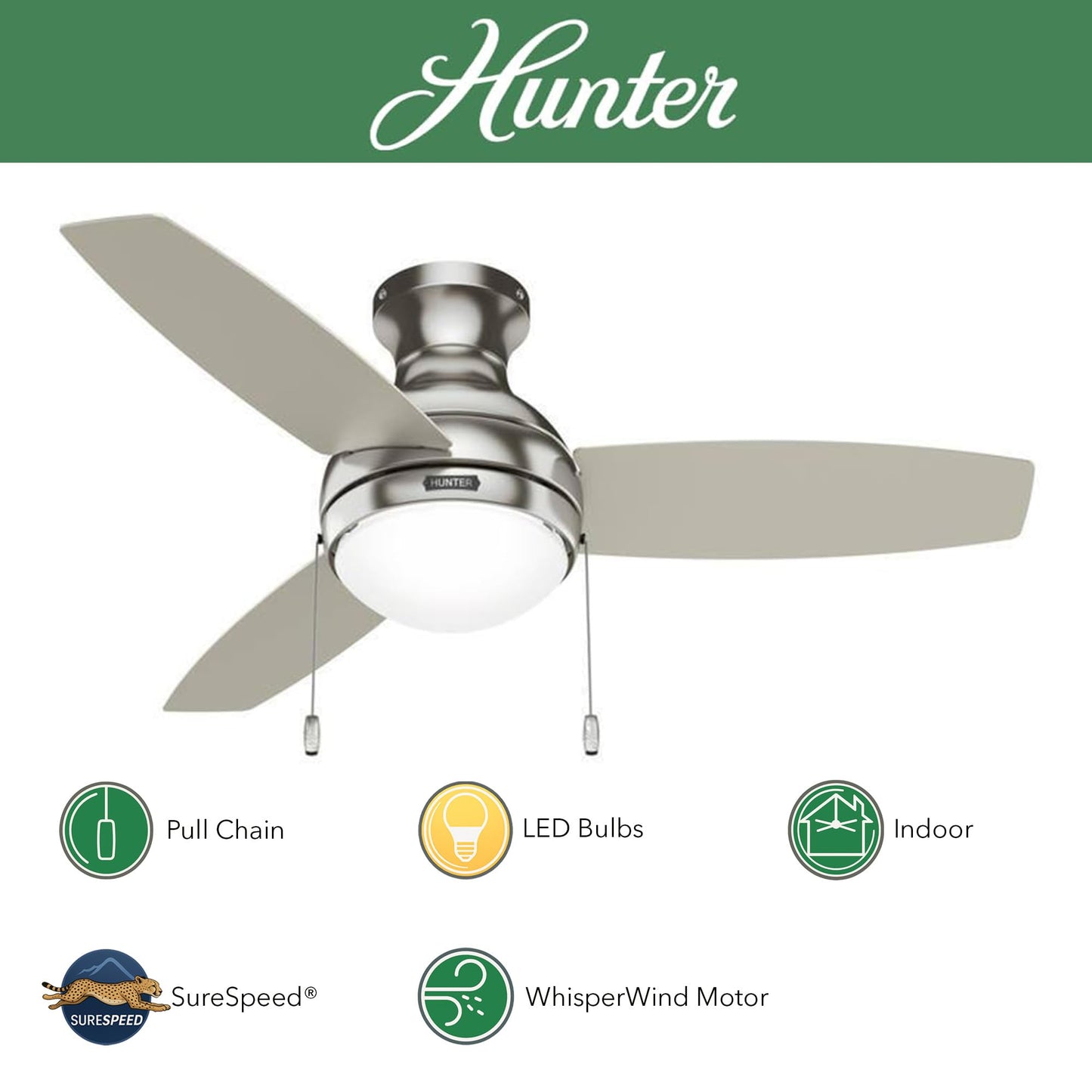 Hunter Fan 44 inch Indoor Ceiling Fan with Light, Brushed Nickel Ceiling Fan with Pull Chain, 3 Blades for Kids Room, Bedroom, Office or Kitchen