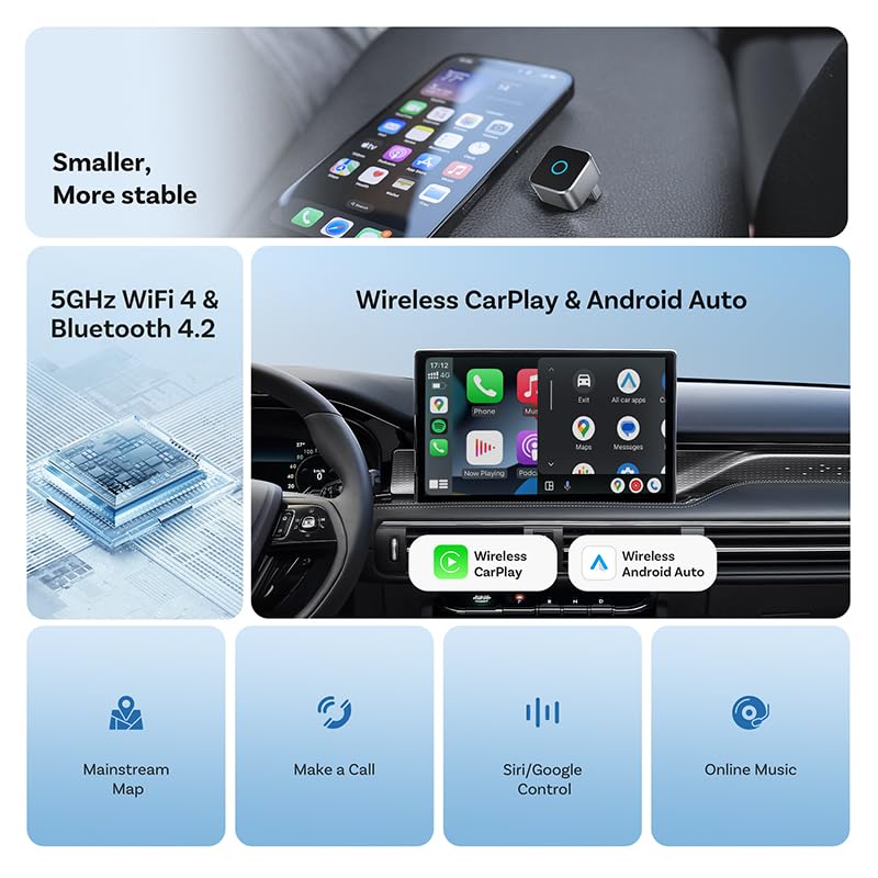 sowkim 2026 Upgraded Wireless CarPlay Adapter, Fast Auto Connect, Stable Connection, Mini Size Plug & Play Adapter for iPhone & Android Auto