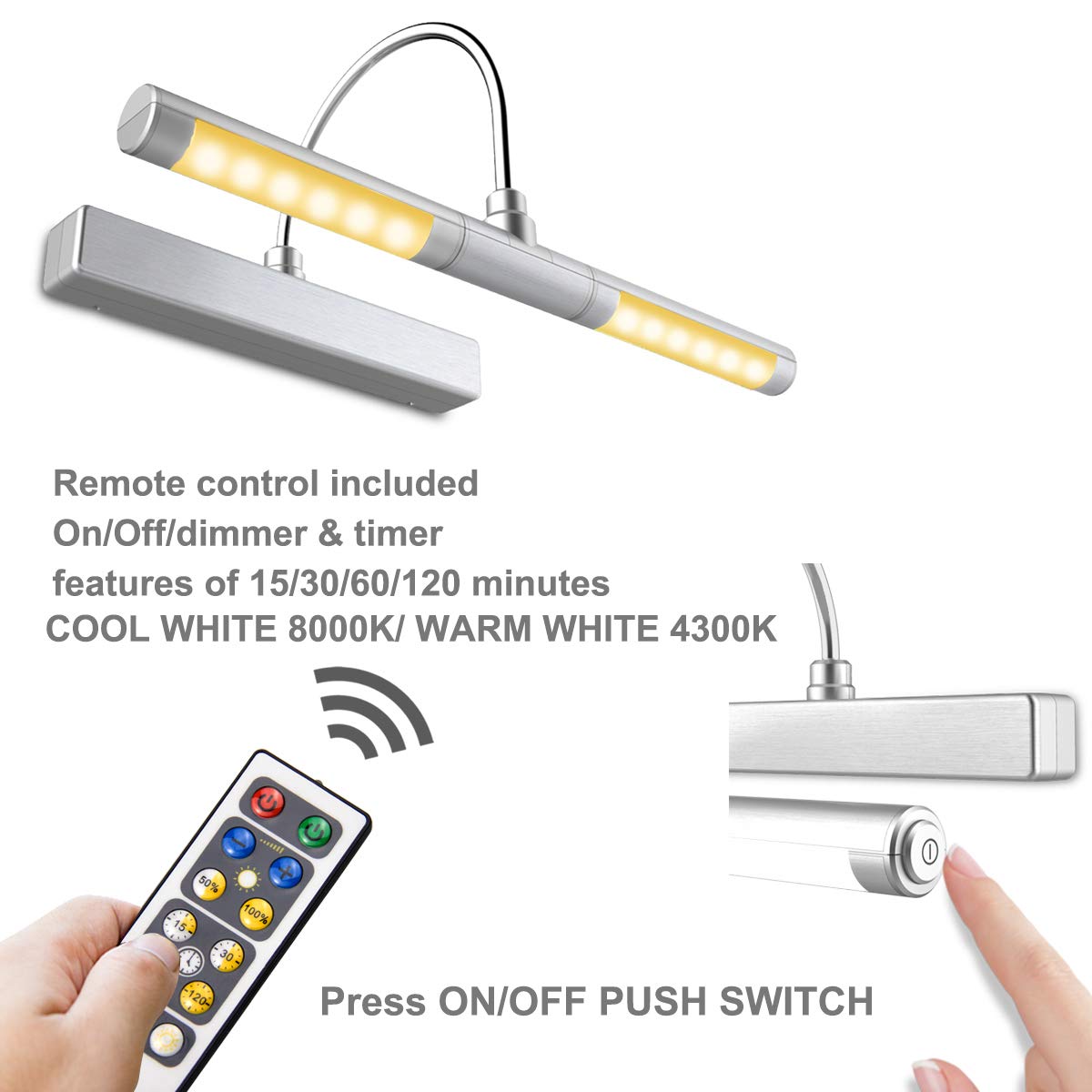 BIGLIGHT Wireless Battery Operated LED Picture Light with Remote, 13In Rotatable Light Head with 3 Lighting Modes, Dimmable Display Lamp with Timer