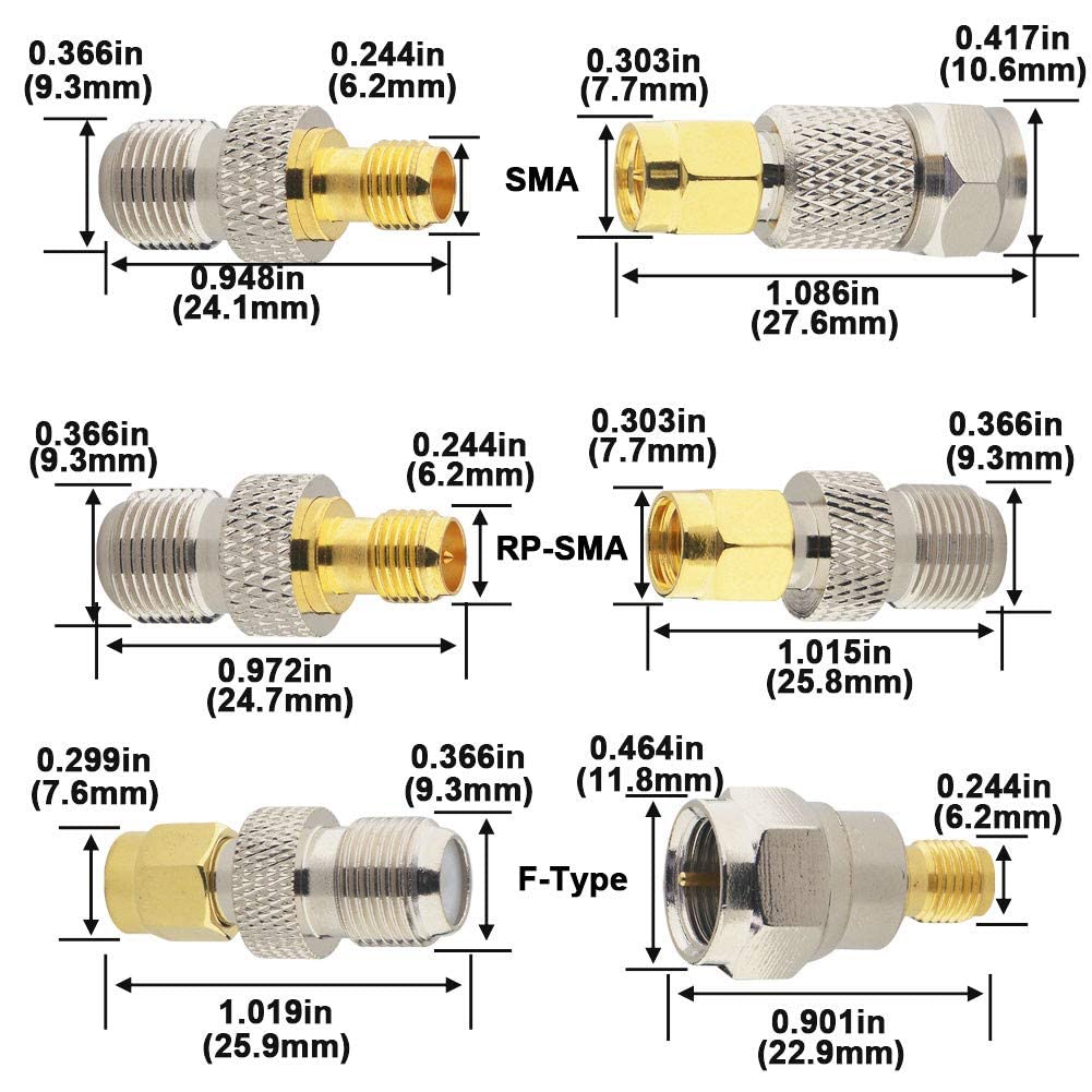 Boobrie F to SMA/RP-SMA Kit 6 Pack F Type to SMA and RP SMA Set SMA to RG6 Adapter Female to Female Coaxial Connector Female to Male Coax Adapter