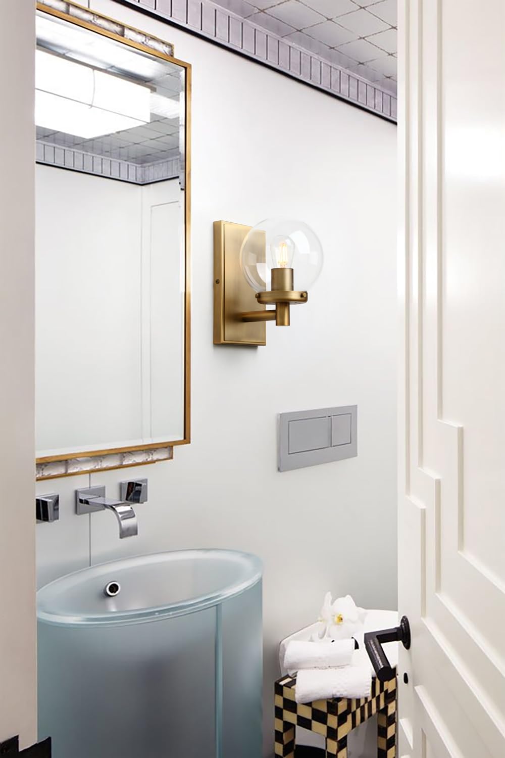 Pathson Vintage Globe Glass Wall Sconce, Hardwired Bathroom Vanity Lighting, Brass Wall Lamp Fixtures for Living Room