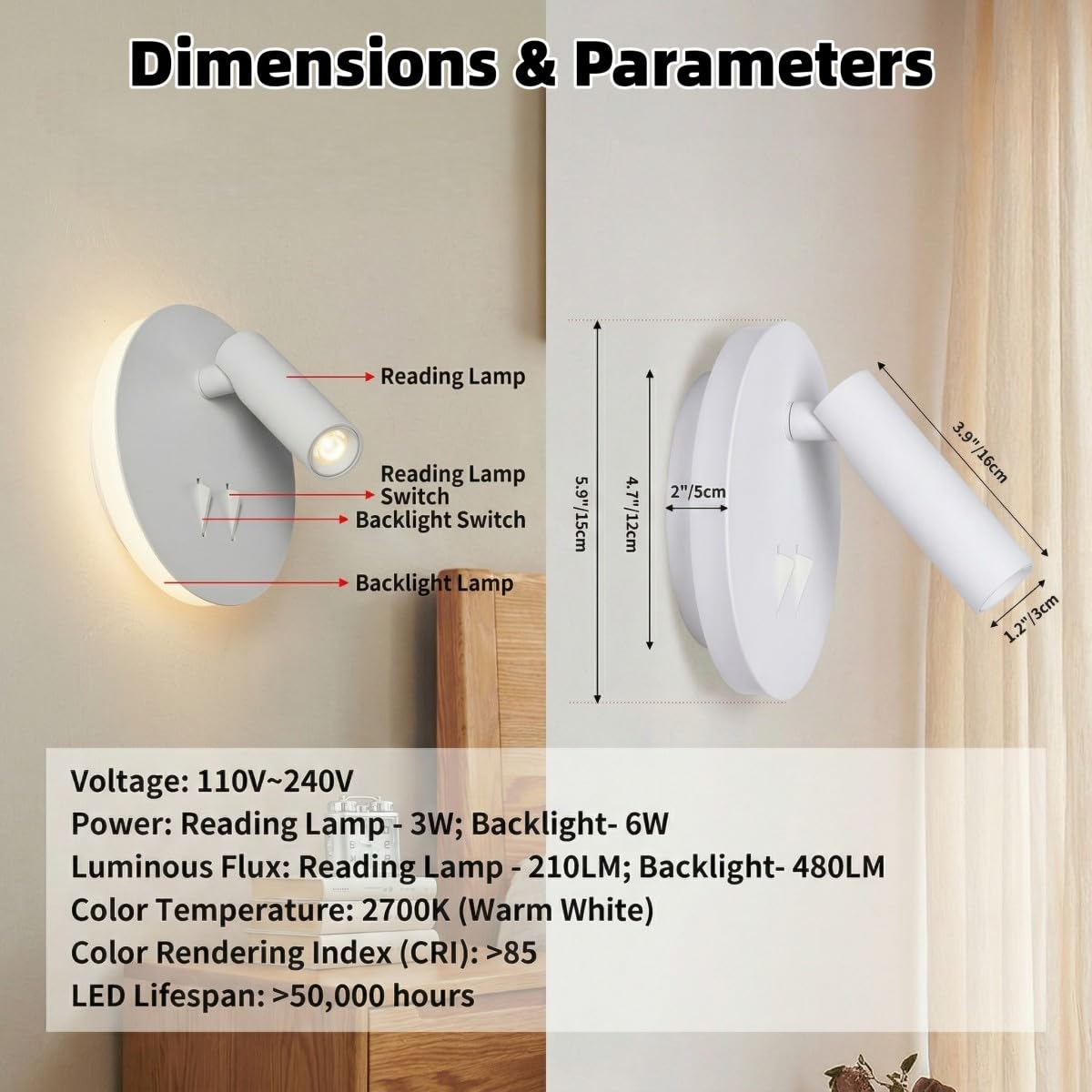 DEC LUCE DECOLUCE LIGHTING Modern Minimalist LED Wall Sconce,Hardwired 2-Light Reading Backlight,Dual Light Control (3W/240lm+6W/480lm), Swing Arm