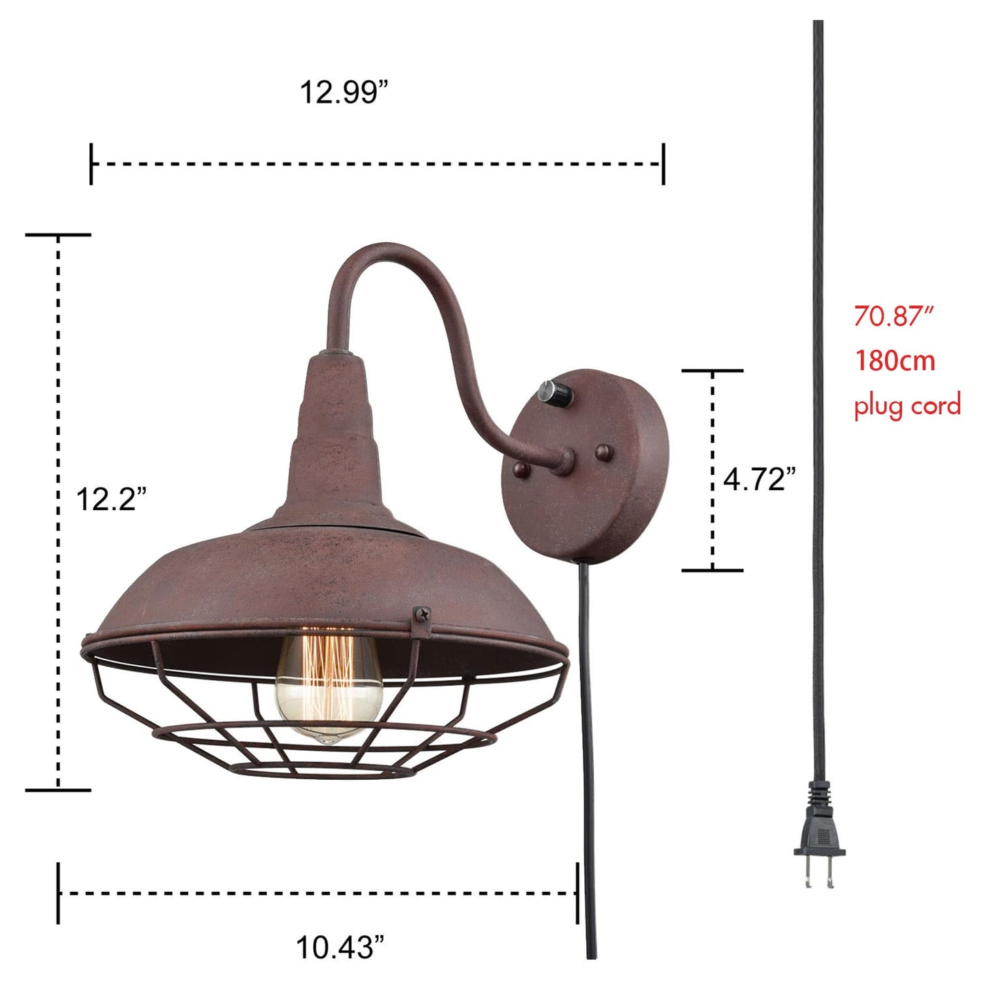 YUBOLE Plug-in Wall Sconce Rustic Cage Wall Light Gooseneck Hardwired Sconce Lighting for Bedroom Bar Basement