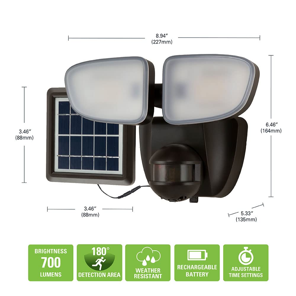 HALO Solar Outdoor LED Flood Light with 180 Degree Motion Sensor Flood & Security Twin Head Light 700 Lumens Bronze