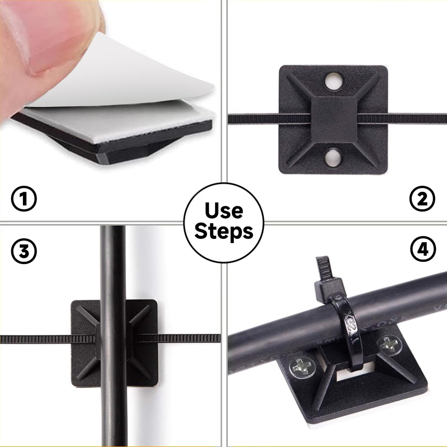 Black Zip Ties Mount, 100 Set 3/4" Adhesive Zip Tie Mount with Screws, Sturdy 8" Outdoor Cable Zip Ties, Cable Clips Management, Sticky Wire Holders